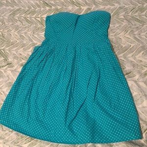 Blue and white polka dot strapless dress